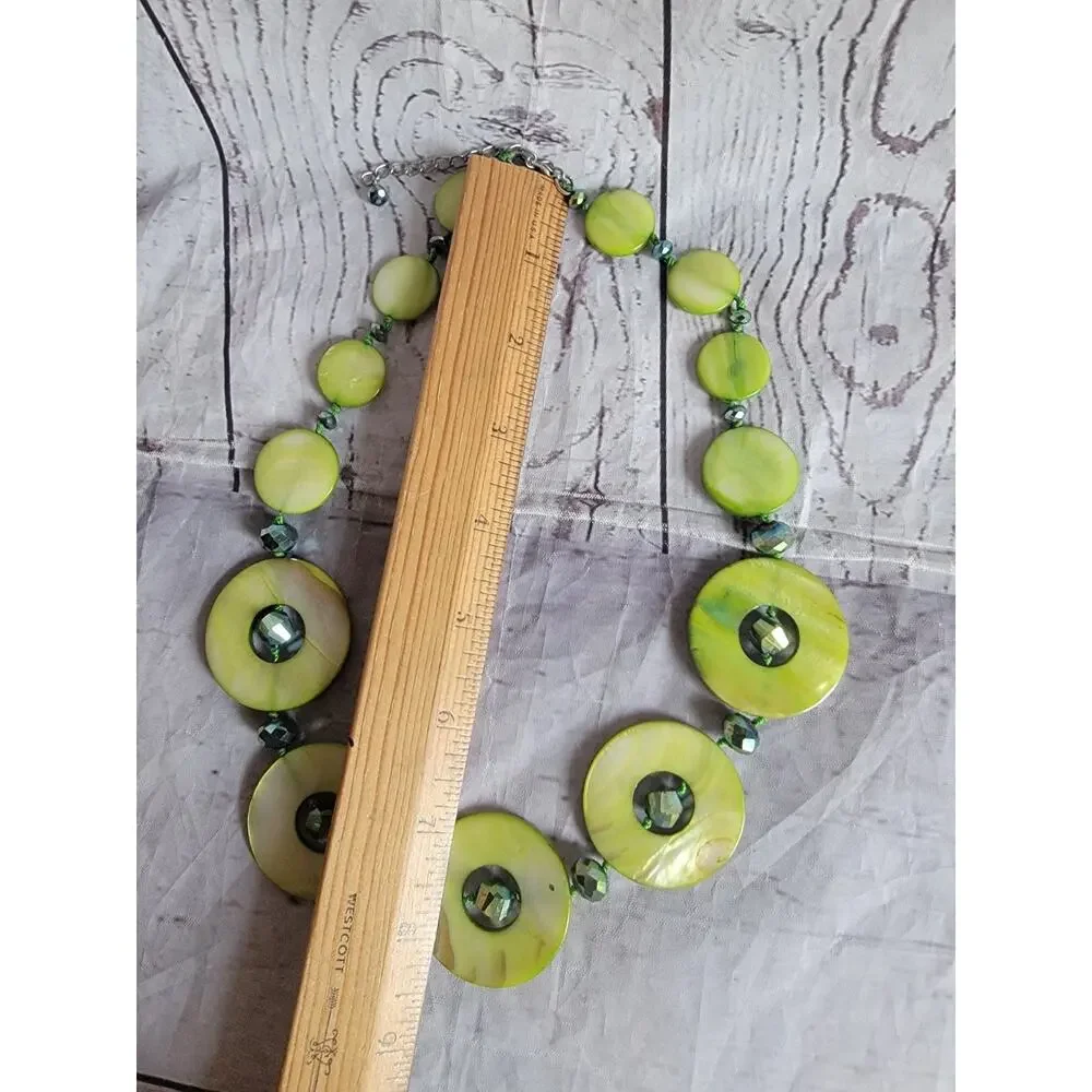 Pea Green Round Shell Necklace Chime round statement Piece Matching Earrings
